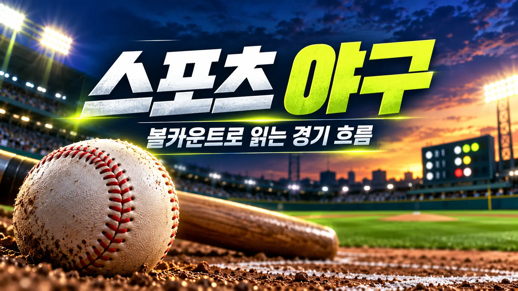야구장과 야구공 및 배트를 배경으로 볼카운트 관전 가이드를 안내하는 썸네일